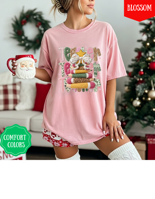 Latchhook Pencil Christmas Teacher Graphic T-shirt