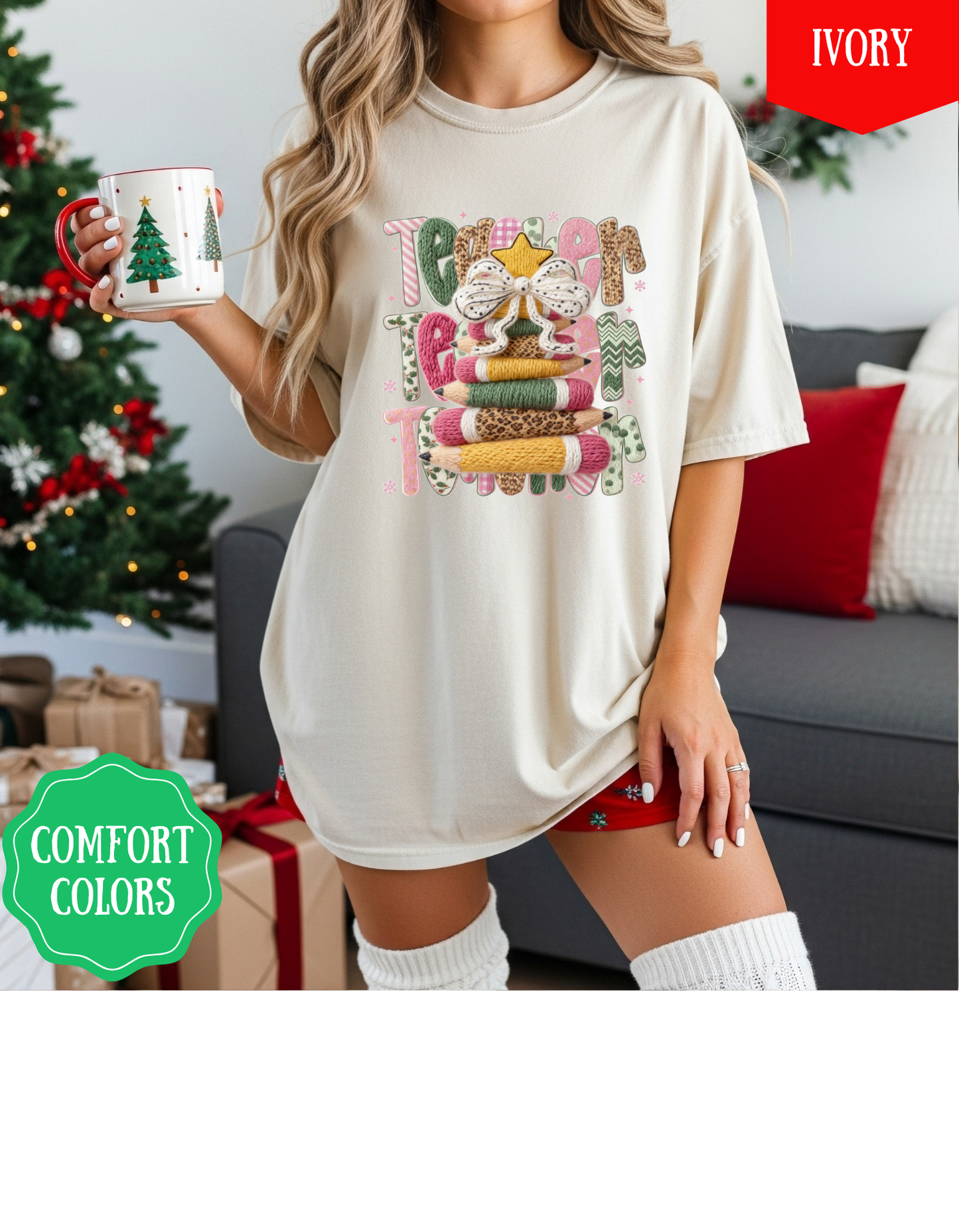 Latchhook Pencil Christmas Teacher Graphic T-shirt