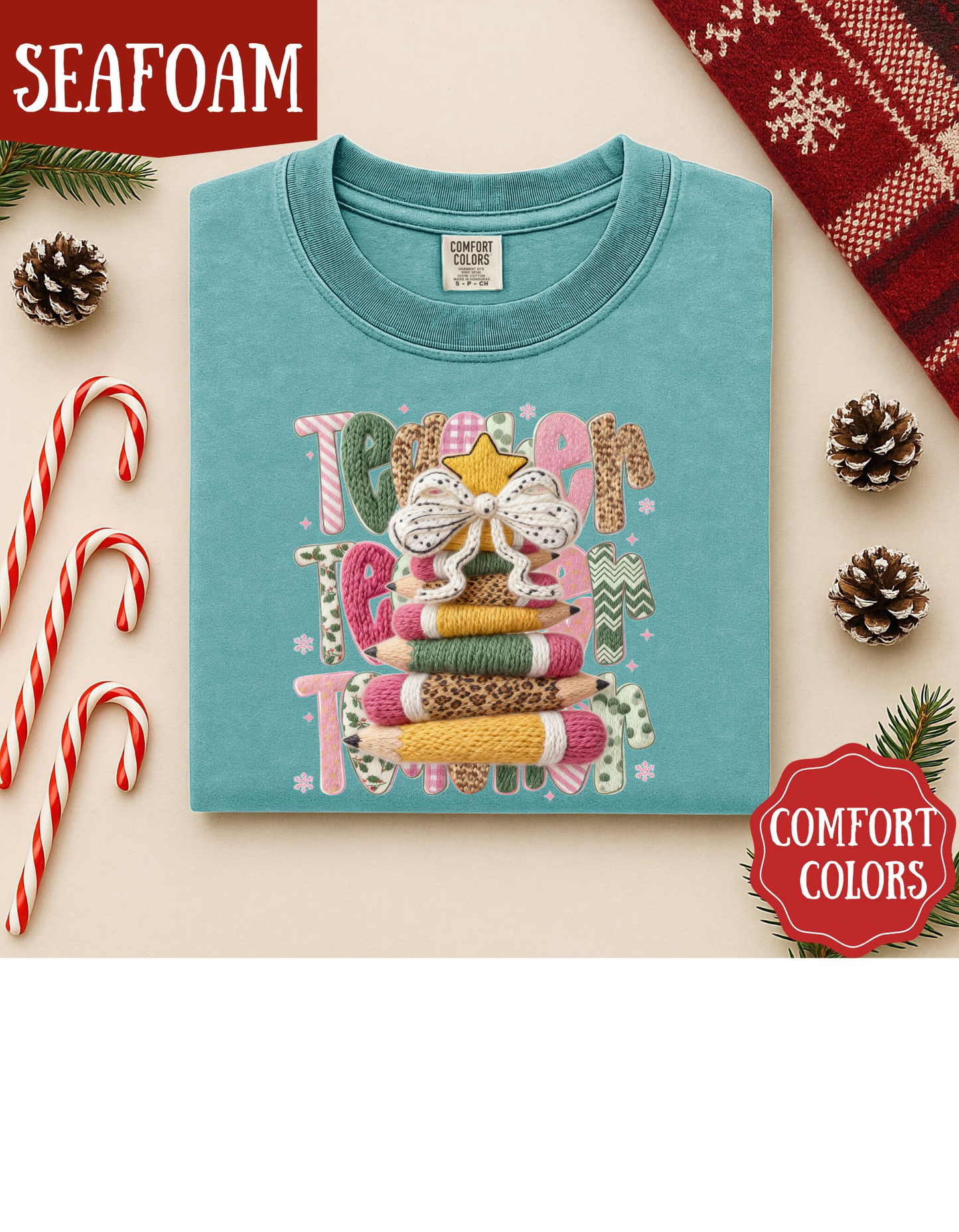 Latchhook Pencil Christmas Teacher Graphic T-shirt